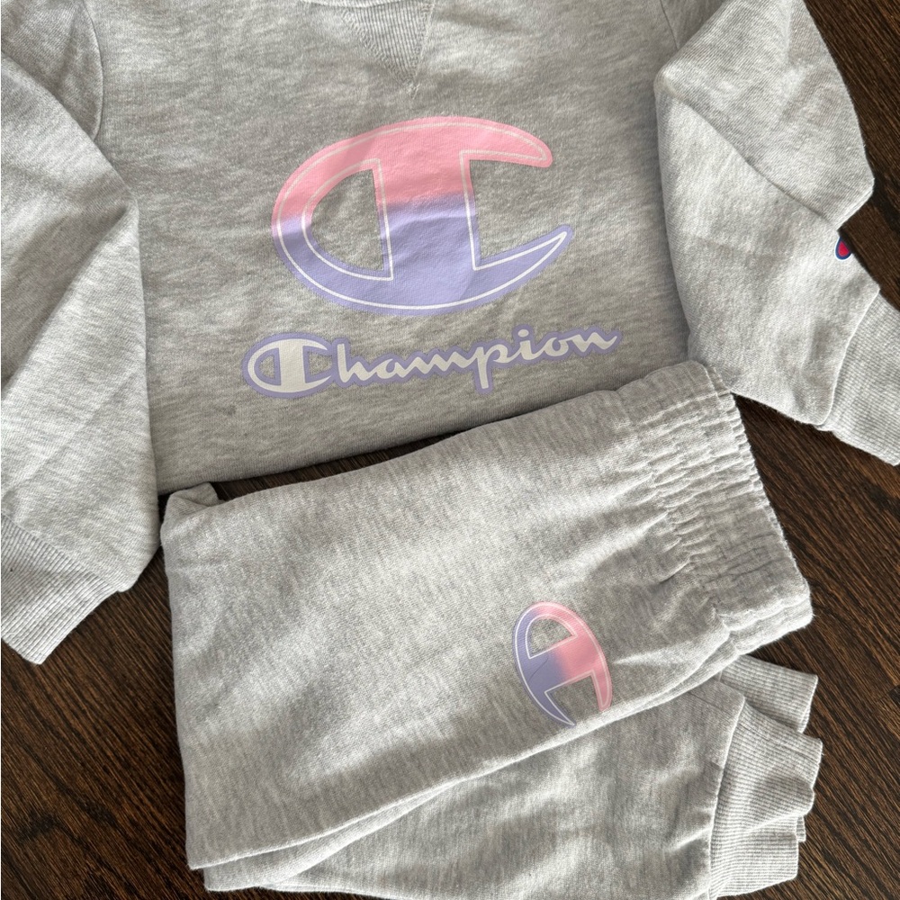 Champion Heather Gray Jogger Set with Pink and Purple Logo